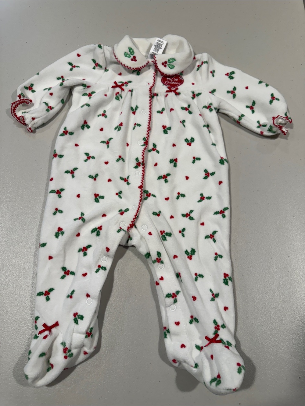 White Holiday Holly Print Footed One-Piece for Babies
